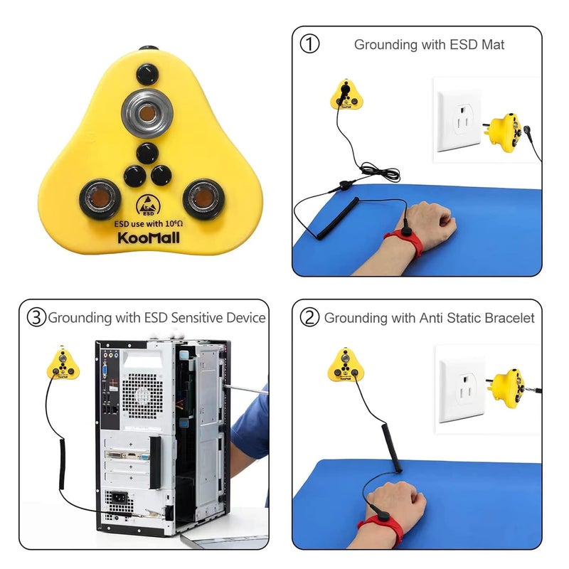 KooMall 1Meg Ohm Safe Grounding Plug for Wrist Straps, Anti Static Mat, ESD Sensitive Device, Earth Outlet Socket Adapter for Antistatic Bracelets Wristband, Ground Cable Cord Wire (1xStuds+2xJacks) - Image 4